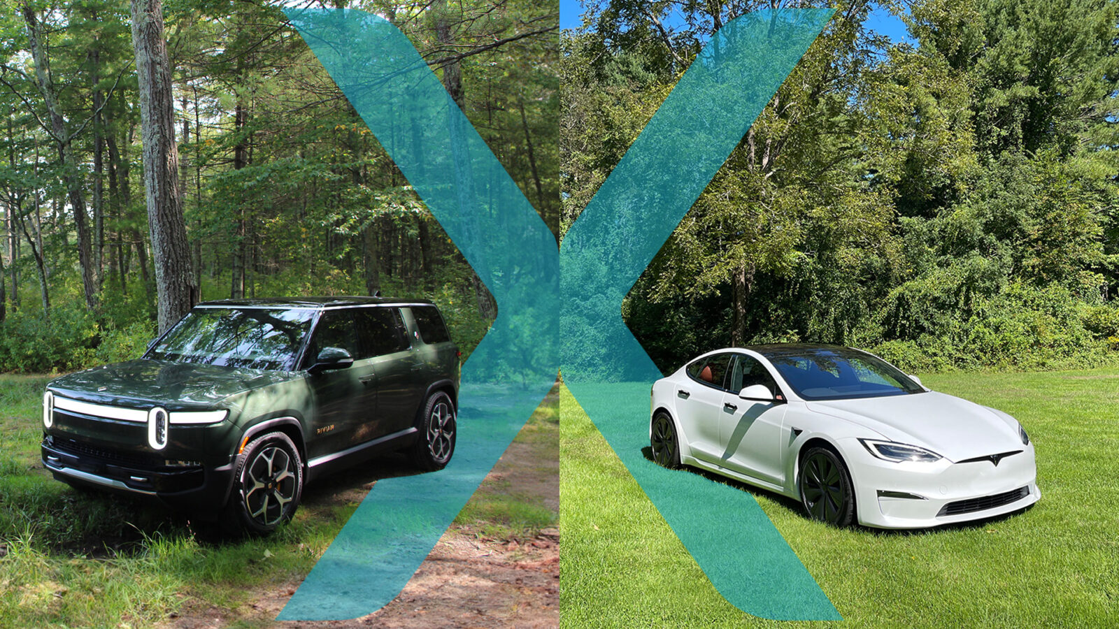 Two cars in a grassy field with trees in the background. A green Rivian R1S on the left and a white Tesla Model X on the right.